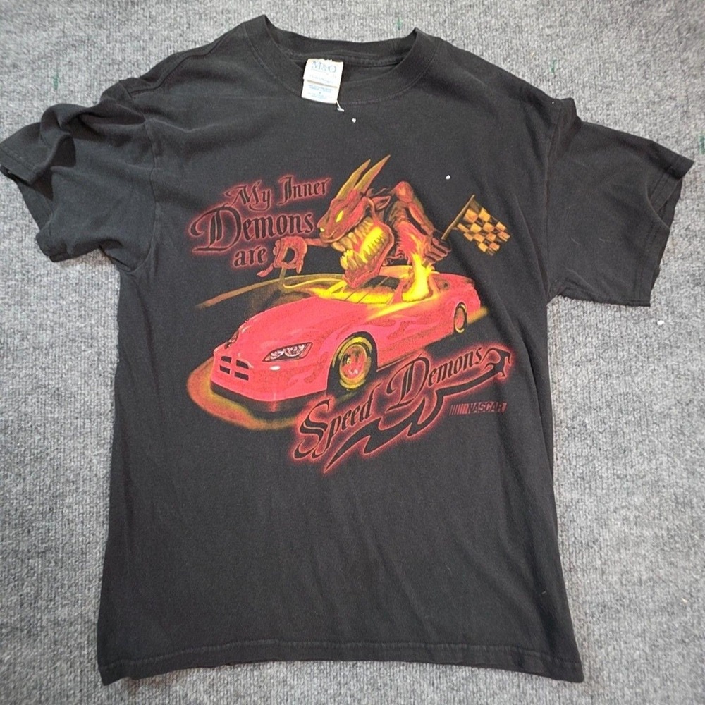 M&O Knits Shirt Mens Medium Black Speed Demons Racing Graphic Tee NASCAR Top